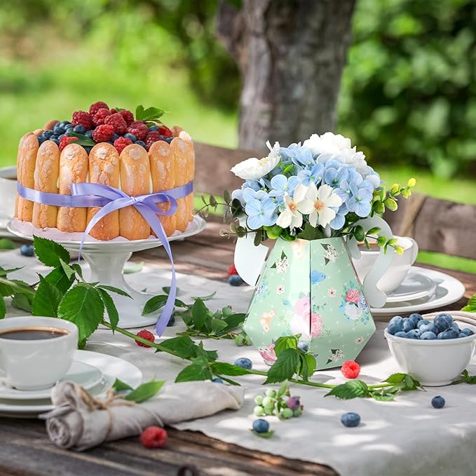 Fulmoon 6 Pcs Tea Party Decorations 6.7'' Flower Box Table Paper Teapot Princess Centerpiece Vase Table Decor Wonderland Fancy Party Decor for Floral Tea Birthday Baby Shower Wedding (Fresh)