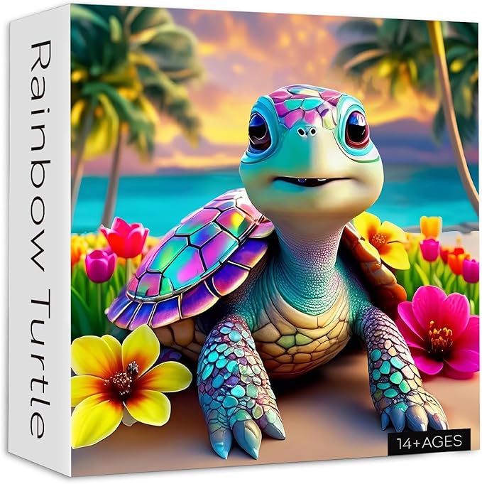 Rainbow Turtle Puzzles for Adults 1000 Pieces, PICKFORU Summer Turtle Beach Jigsaw Puzzle, Impossible Challenging Seaside Flower Animal Theme as Home Decor