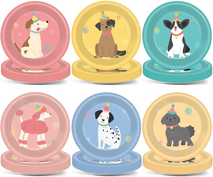 60pcs Pet Dog Birthday Party Supplies Vintage Puppy Paper Plates 7 Inch Retro Puppy Face Dessert Plates Cute Dog Themed Table Decorations Tableware for Kids Birthday Baby Shower Disposable Party Favor