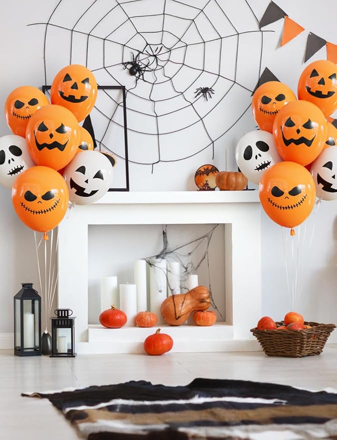 Halloween Balloons, 12 Inch Ghost Balloon, 50 Pcs Orange and White Spooky Pumpkin Latex Balloons for Halloween Party Decorations, Birthday, Spooky Backdrop, Indoor Outdoor Supplies