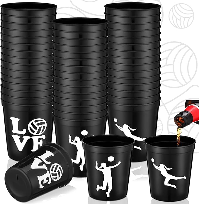 Zhehao 30 Pcs Sport Ball Plastic Cups Hockey Football Basketball Plastic Reusable Drink Cups Bulk 16 oz Stadium Tumbler Stackable Sports Tumbler for Sport Party Supplies(Volleyball,Black)
