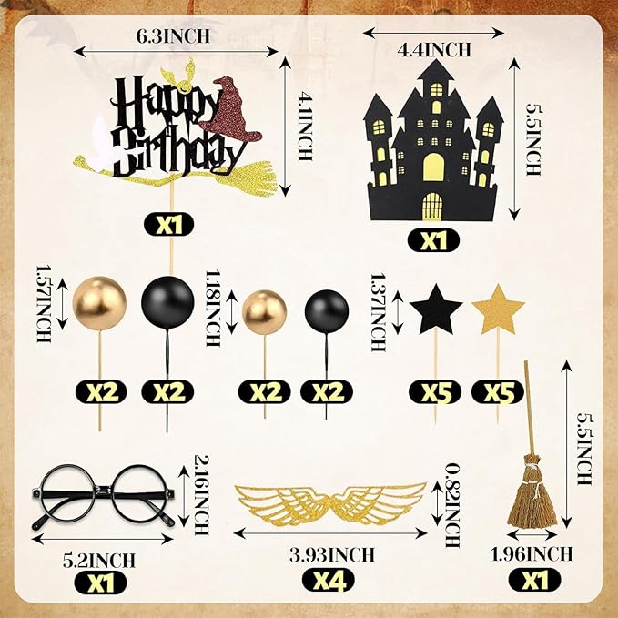 26 PCS Wizard Birthday Cake Topper Decorations, Wizard Party Supplies, Glitter Themed Cupcake Decorations