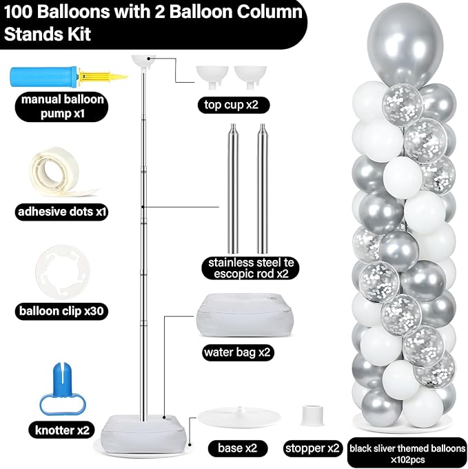 2 Sets Disco Silver White Balloon Column Stand Kit with 100 Balloons Silver Balloon Tower Stand with Bases for Floor Confetti Balloons Column Kit for Wedding Graduation Birthday Disco Party Decor