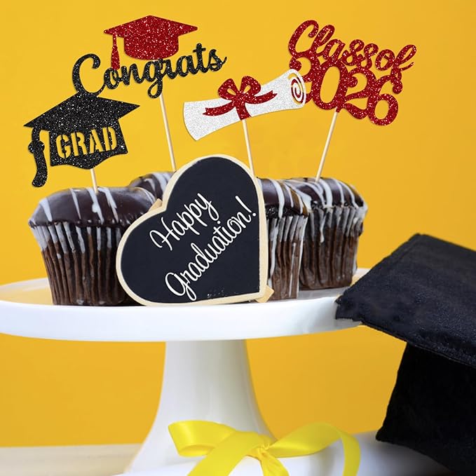 Red and Black Graduation Cupcake Toppers Decorations Class of 2026 Cupcake Topper Graduation Cup Cake Picks Congrats Grad Party Decor Supplies Set of 24