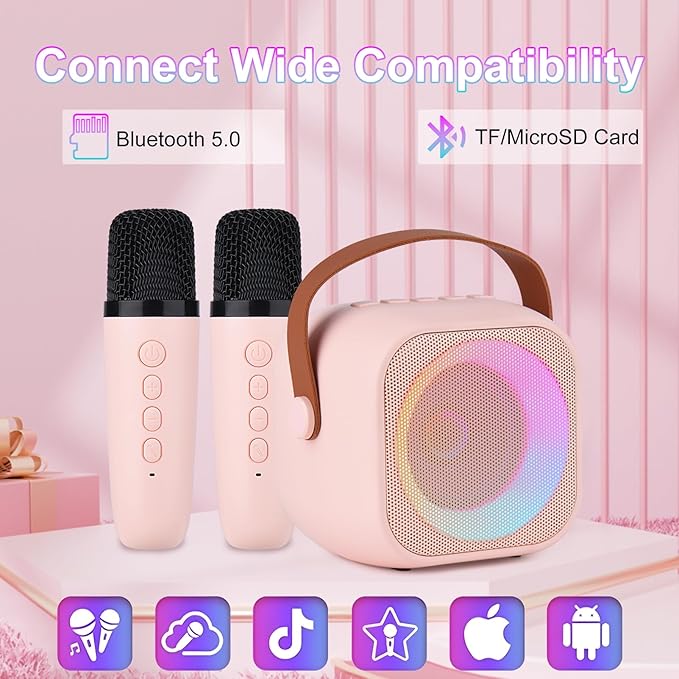Karaoke Machine for Kids Adults, Mini Portable Bluetooth Karaoke Speaker with 2 Wireless Microphone and Lights,Toys for All Smartphones,Birthday, Family,Home Party Pink