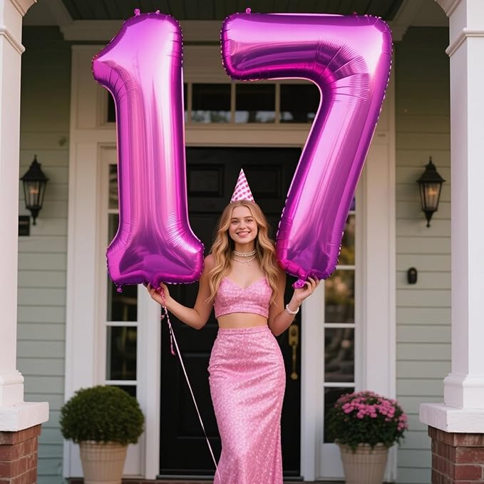 40 Inch Large 17 Balloon Numbers Rose Purple Big Foil Number Balloons Giant Helium Happy Birthday Party Decorations for Man and Women, Huge Mylar Anniversary Party Supplies