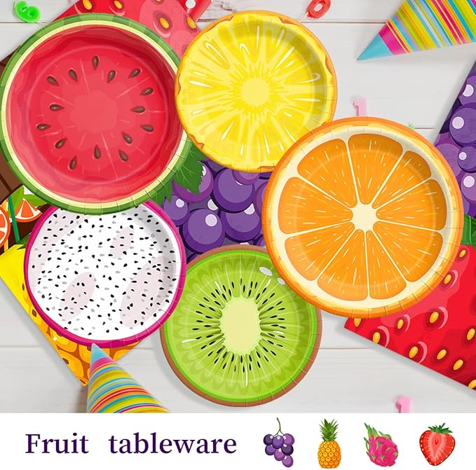 Fruit Birthday Decorations-143Pcs Fruit Theme Plates and Napkins Kit Summer Tutti Frutti Tableware Serves 20 Guests for Birthday Party