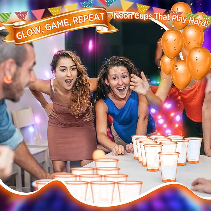 LemonRoad 50 Pack Blacklight Party Glow Cups 16 oz Plastic Neon Cups Disposable Glow in the Dark for Parties Birthdays 80s Themed Events(Orange)