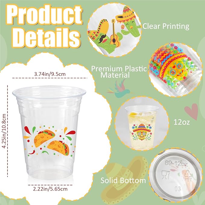 100Pcs Fiesta Cups,12 OZ Plastic Disposable Clear Mexican Cups for Cinco De Mayo Drinkware Party Supplies Fiesta Taco Birthday Party Decorations, 5 Designs