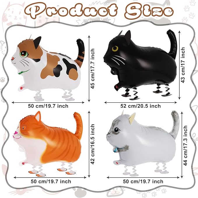 4 Pcs Walking Cat Balloons, Cat Balloons, Walking Animal Foil Mylar Balloon, Farm Birthday Decorations for Cats Theme Party Supplies (Cat)