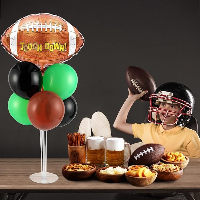Football Party Balloons Stand Kit 2 Sets with 2 Rugby Ball Foil Balloons Football Themed Party Balloon Centerpiece for Tables for Game Sports Graduation Birthday Footballs Themed Decorations