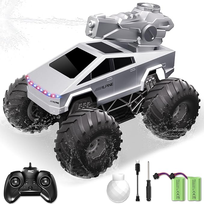 1:16 Amphibious RC Car - Waterproof Remote Control Monster Truck for Land & Pool, Water Squirt Tank, LED Lights - Birthday Gift for Kids & Adults