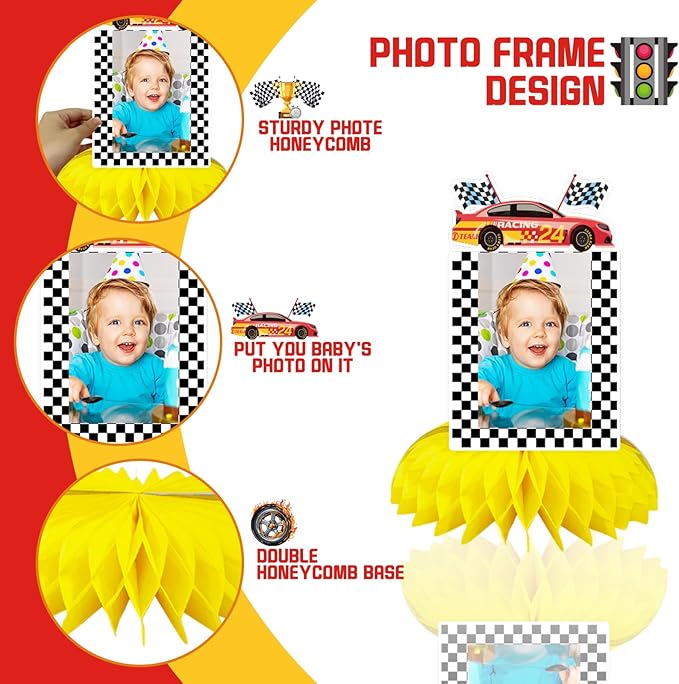 Race Car 1st Birthday Party Supplies, Fast One Birthday Decorations Honeycomb Centerpiece for Table, Race Car One Year Old Birthday Party Decorations Boys Photo Table Centerpiece Party Supplies