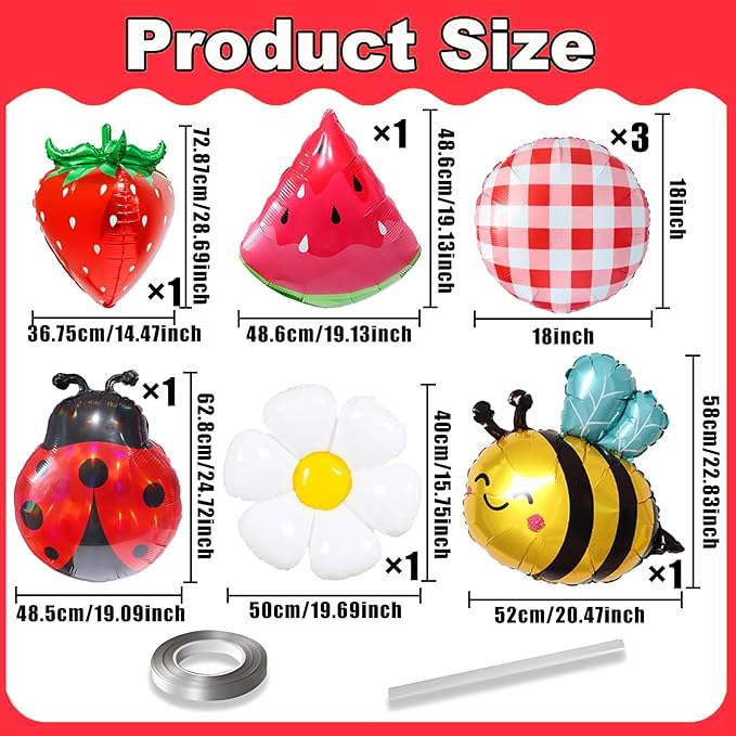 8pcs Picnic Balloons Gingham Balloons Picnic Party Decoration BBQ Themed Party Decorations Gingham Party Birthday Summer Picnic BBQ Party Decor Ladybug Balloon Strawberry Decor