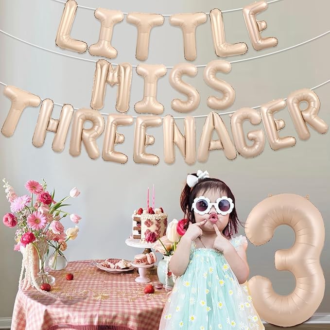 Little Miss Threenager Birthday Decorations Little Miss Threenager Balloon Banner Number 3 Balloons Makeup 3rd Party Supplies for Girls 3rd Birthday (Beige Balloon Banner)