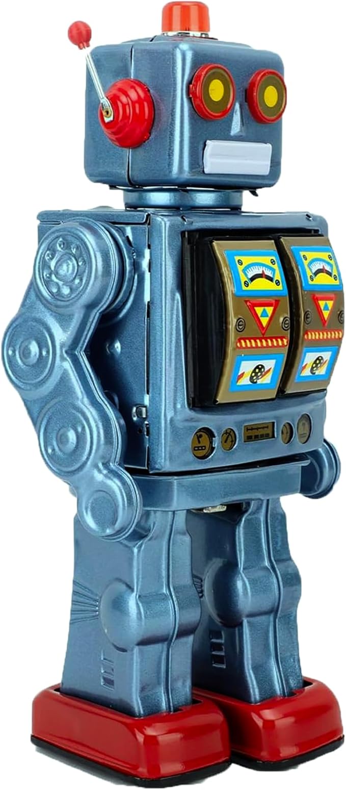 Charmgle Retro Tin Toys Walking Robot, Electric Rotating Desk Robot with Gun Fire Sound, Adult Collection Birthday Gifts Party Favor Handmade Robots Blue