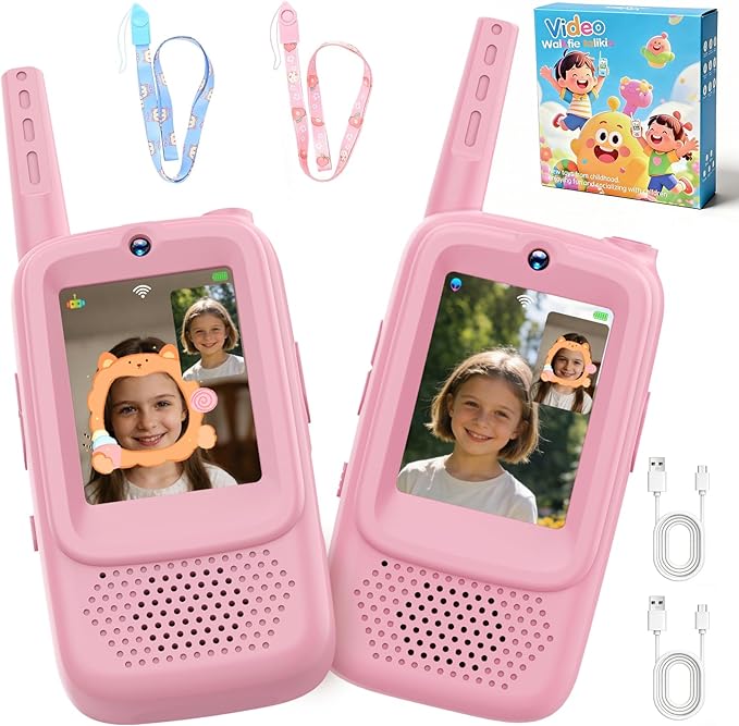 Video Walkie Talkies for Kids, 2 Pack Rechargeable Long Range Walkie-Talkie with HD Camera, Birthday Gift Toys for Girls Boys Ages 3-12 Indoor Outdoor Toys for Family Games, Camping, Hiking, Pink
