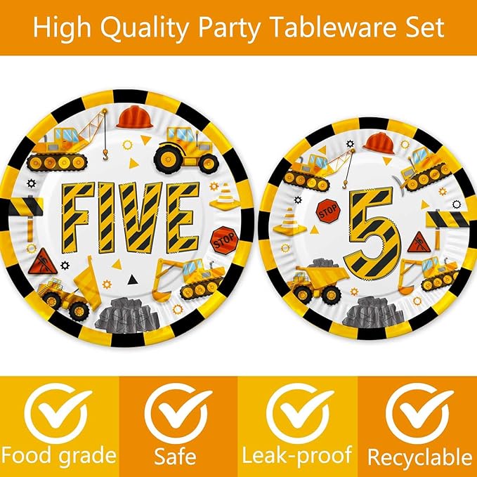Letromp Construction 5th Birthday Decorations Construction Five Years Old Disposable Paper Dinner Plates Napkins Forks Dinnerware for Dump Truck Theme Fifth Birthday Party Supplies Decorations