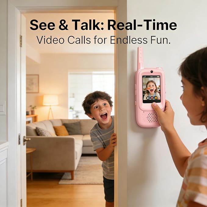 Video Walkie Talkies for Kids, 2 Pack Rechargeable Kids Walkie Talkies with Screen Display, Long Range Two-Way Radios with Voice Effects, Indoor Outdoor Camping Gift (Blue & Pink)