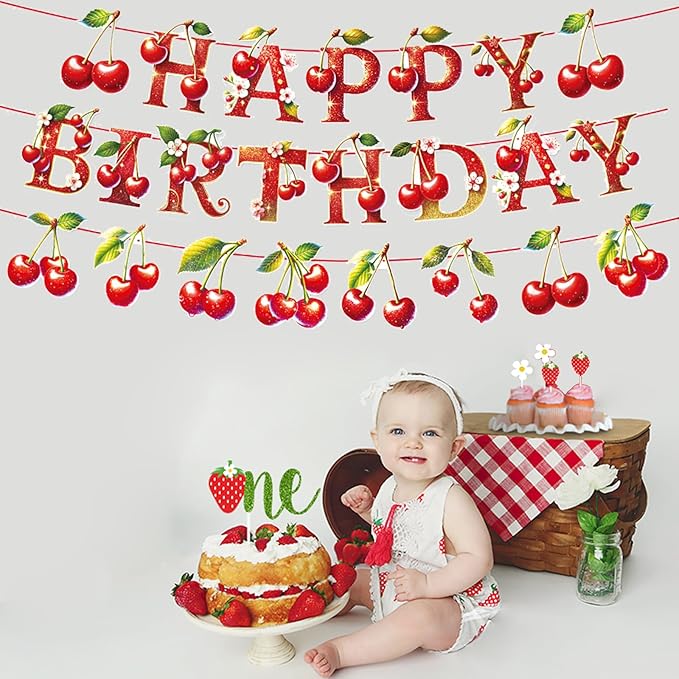 Zwiebeco Cherry Happy Birthday Party Decoration Banner Bunting Garland Hanging Paper for Sweet Girls Women Summer Fruit Themed Baby Shower Accessories Supplies