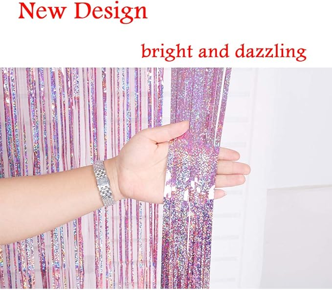 Pink Tinsel Foil Curtain Unicorn Party Supplies Fun Photo Booth Backdrop Props for Baby Shower Wedding Girls Birthday Iridescent Party Decorations(2 Packs, 3.2 * 6.5 Ft)