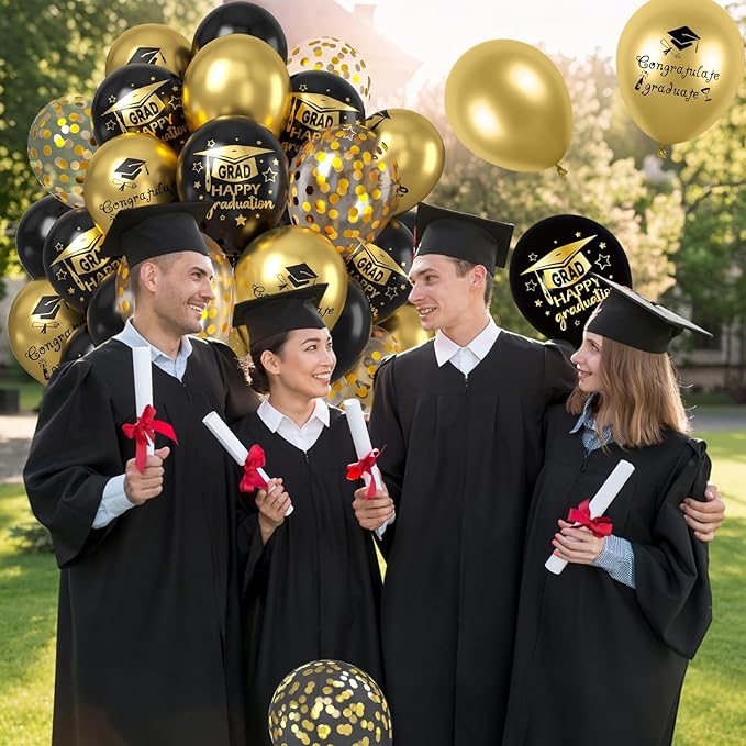 Graduation Balloons, 50PCS 12 inch Black gold Graduate Ballons for Graduates from College and High School Class of 2025 Congrats Grad Party Decorations