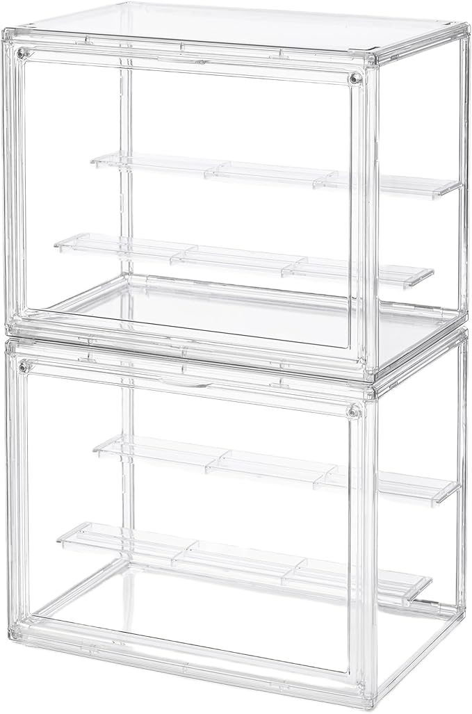 2 Pack: 3-Tier pop Figure Display case for Collectibles - Magnetic Closure, Interlocking Shelves for Vinyl Figures, Bobbleheads - Space-Saving Set (M 10.6''x7.6''x17.3'' )