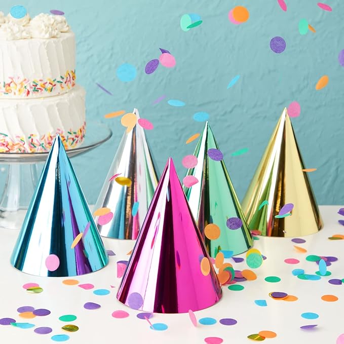 BLUE PANDA Party Hats - 50 Pack, Metallic Blue/Green/Gold/Silver/Hot Pink, Cone - Bulk Set for Kids & Adults