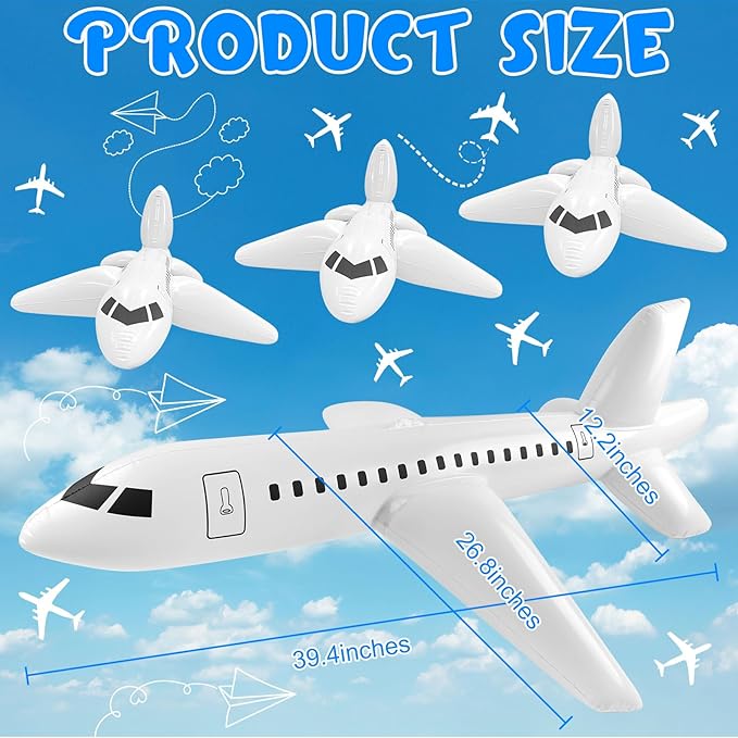 Mototo 4 Pieces Inflatable Airplane Balloon 40 Inch Large Inflatable Plane Balloon White Plane Toy Float Airplane Aviation Themed for Outdoor Indoor Birthday Party Swimming Pool Party Supplies