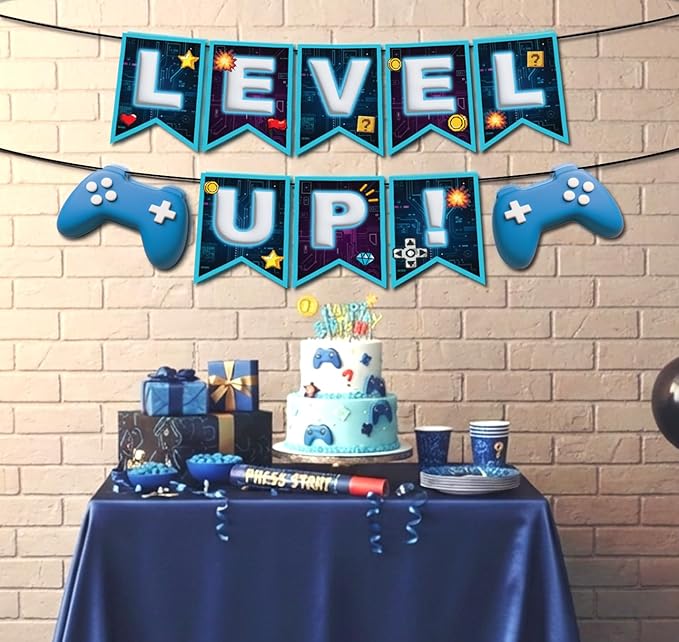 Indotribe Level Up Banner - 10ft Preassembled Ready To Use Level Up Party Decorations Level Up Sign Video Game Party Decoration Happy Birthday Banner Game On Video Game Birthday Decorations