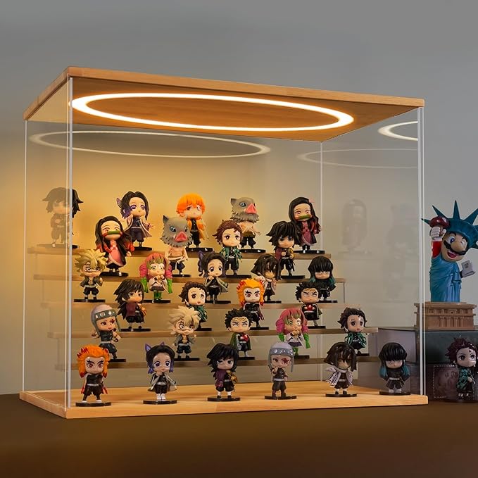 Acrylic Display Case with Adjustable LED Light, 6 L Tier Clear Display Box Dustproof Showcase for Action Figures, Collectibles and Mini Toys, Assembly Display Cabinet(Wood 19.7*12.6*16.5in)