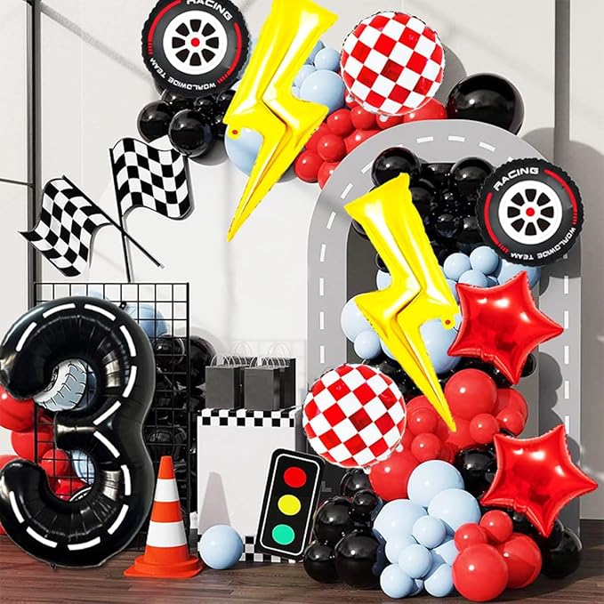Cartoon Race Car Birthday Party Decorations Large Lightning Bolt Foil Balloons Race Car Balloons 40 Inch Racetrack Number 3 Balloon for Boys 3rd Cars Themed Birthday Party Decor Supplies