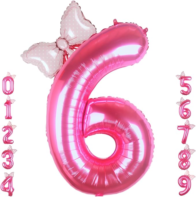 40 Inch Pink Number 6 Balloon with Mini Bow Balloon for Girls 6th Birthday Decorations, Pink Princess Western Cowgirl Theme Birthday Party Balloons Decorations Supplies