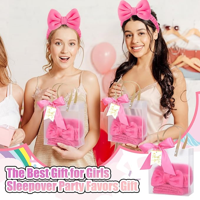 48 Pcs Spa Sleepover Party Supplies 12 Bow Headband 12 Plush Sleep Eye Mask Covers 12 Pair Fuzzy Sock 12 Gift Bags for Sleeping Sleepover Slumber Baby Shower Wedding Party Gift(Rose Red)