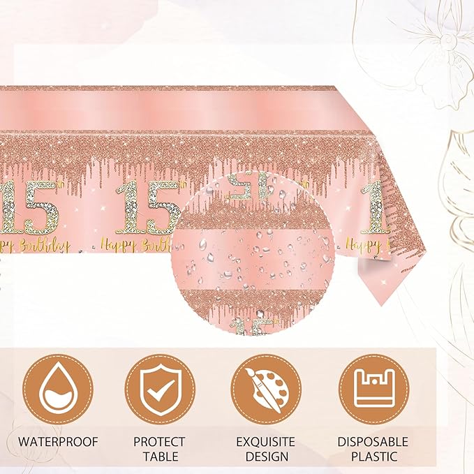 15th Birthday Decorations for Girls,Rose Gold 15 Year Old Birthday Party Supplies Include 15th Birthday Party Plates and Napkins,Tablecloth Kit,15 Birthday Tableware Set for Girls Teen Party Decor