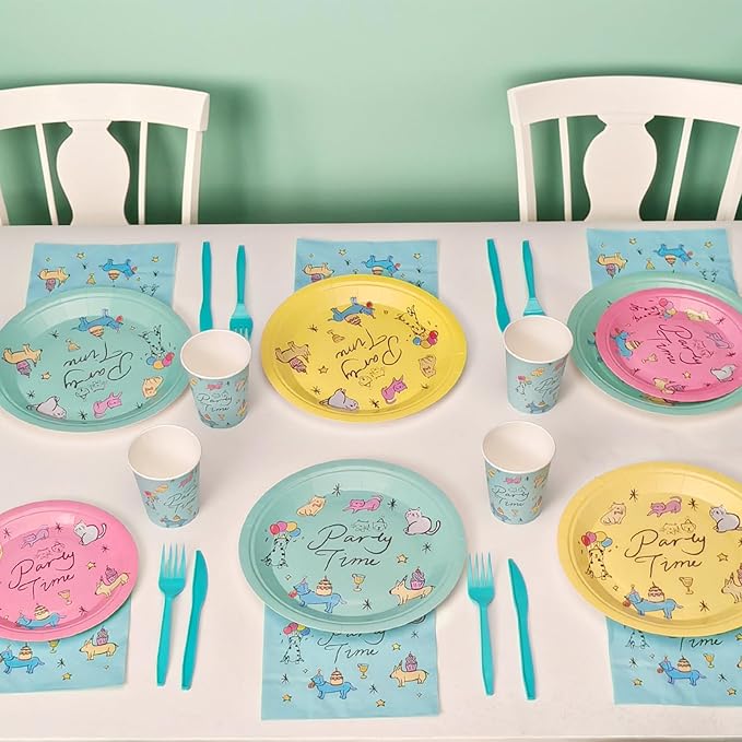 144Pcs Dog Cat Birthday Party Supplies Decorations Pet Themed Paper Plates Napkins Vintage Puppy Party Tableware Disposable Dinnerware Set for Kids Birthday Baby Shower Table Decor, Serve 24