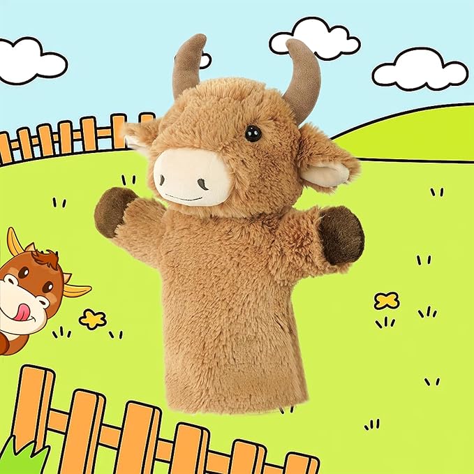 Plush Hand Puppet Barnyard Animal for Role Play Adult Size Fit Stuffed Toy Educational Learning Tool School Classroom Activity Bull