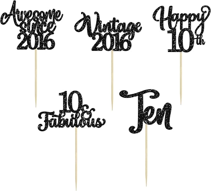 30Pcs Happy 10th Birthday Cupcake Toppers Glitter Ten Vintage 2016 Cupcake Picks Cheers to 10 Fabulous Cake Decorations for 10th Birthday Wedding Anniversary Party Supplies Black