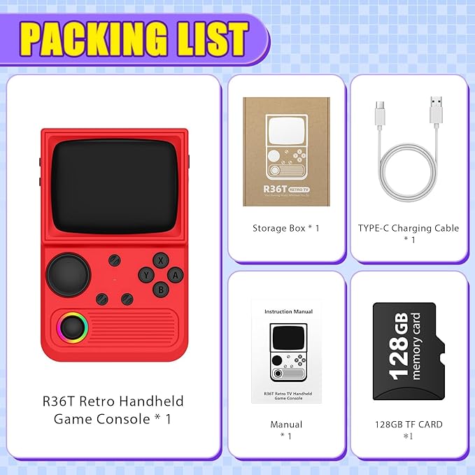 R36T Retro Gaming Console, 3.5'' IPS Screen CRT-Inspired, Handheld Game Console with 22000+ Classic Games Supports WiFi Networked Fighting and OTG, 3500mAh Battery, with Portable Case(Red 128GB)