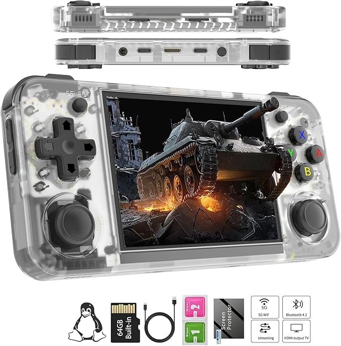 RG35XX H Retro Handheld Game Consoles rg35xxh Retro Gaming Console with 3300mAh Battery 5500+ Games 64G TF Card Linux System 3.5-inch IPS Screen Cortex-A53 rg35xx h Portable Handheld Emulator(White)