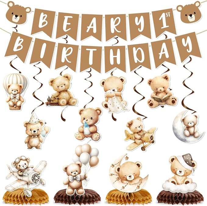 Beary First Birthday Decorations Include Beary 1st Birthday Banners Bear Hanging Swirls Honeycomb Centerpieces Bear Birthday Theme Party Supplies