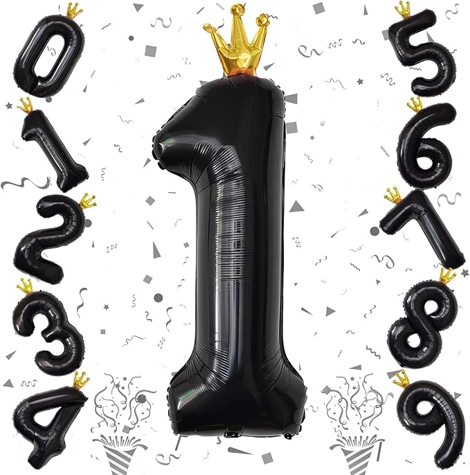 Crown Black 1 Balloon Number for Girls 1st Birthday Party, 40 Inch Large Number Foil Helium Balloons 0-9, for Boys 25st Birthday Party Baby Shower Anniversary Party Decoration Supplies