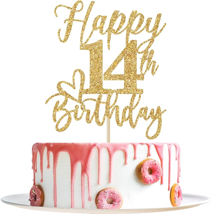 Gold Glitter Happy Birthday Cake Topper, Funny Party Supplies for 14th Birthday