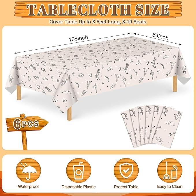 6 Pack Western Cowboy Party Decorations Tablecloth, 54 X 108Inch Rodeo Table Covers Disposable Cowboy Table Cloth Waterproof Tables Cover for Western Rodeo Birthday Party Decor