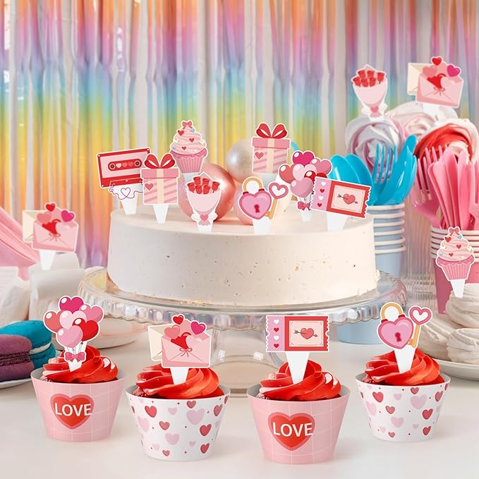 48 Pcs Valentines Cupcake Toppers and Heart Wrappers Love Cupcake Decorations for Valentine's Day Theme Wedding Birthday Party Supplies