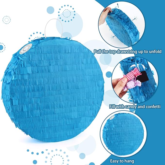 Blue Round Pinata with Stick Blindfold Confetti DIY Blank Pinata for Boys Kids Birthday Party Supplies Carnivals Halloween Christmas Decorations