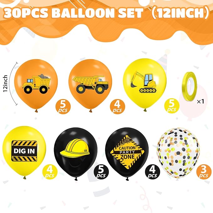 Construction Balloons, 12 Inch Black Yellow Orange Truck Printed Confetti Excavator Balloons for Boy Construction Birthday Party Supplies Excavator Baby Shower Truck Themed Party Decoration Backdrop