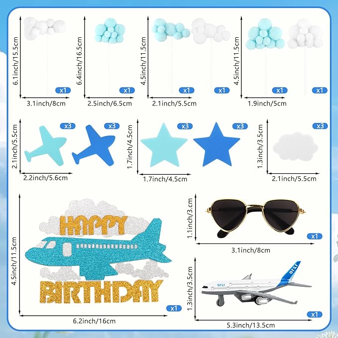 Hooqict 25 Pieces Airplane Cake Topper Decorations with Mini Sunglasses Blue White Cloud Happy Birthday Cake Toppers & Cupcake Toppers for Airplane Themed Party Decorations Supplies