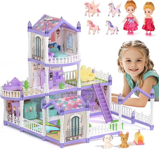 Dollhouse Set with 2 Dolls&4 unicons Dreamy Doll House with 9 Rooms 3 Floors 2 Pets, 12 Pieces Furniture and Accessories, Birthday Princess Dollhouse for Girls for 3 to 12 Years Old