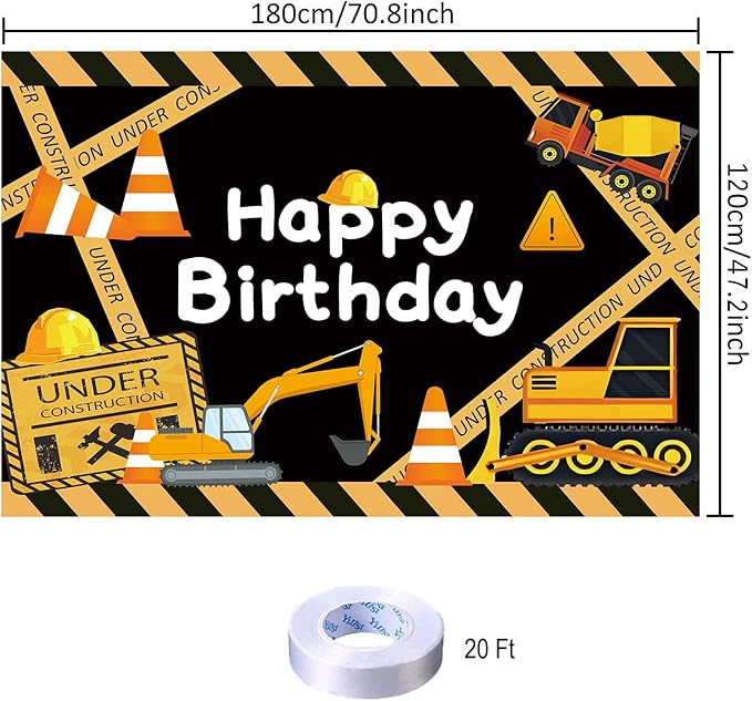 Cute Construction Birthday Party Backdrop Under Construction Happy Birthday Banner Excavator Bulldozer Cement Mixer Photography Background for Boys Party Decorations Supplies 70.8 x 47.2 Inch
